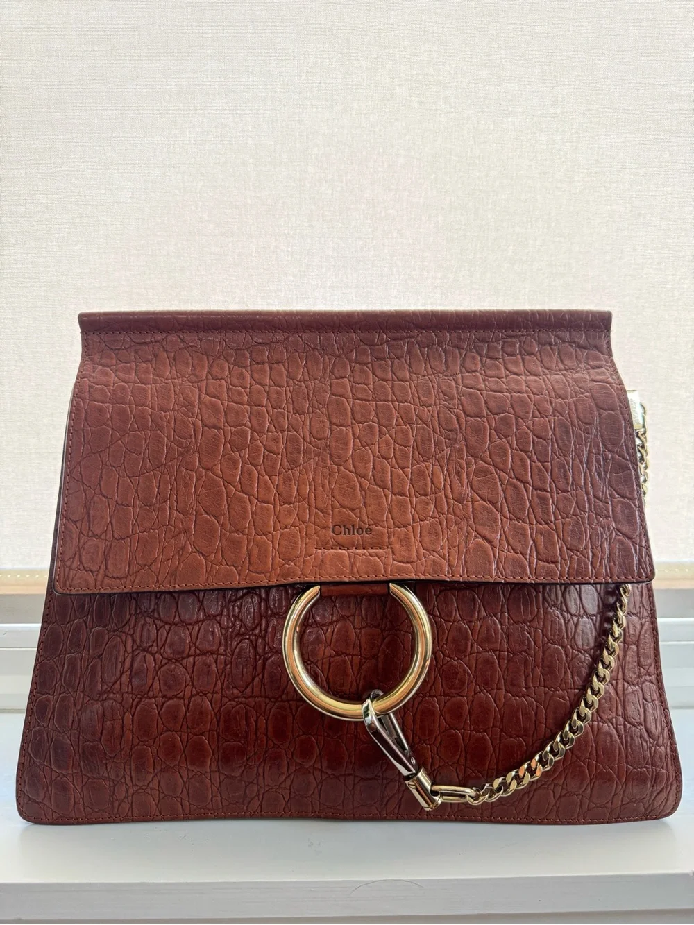 Authentic Chloé Large Faye Brown Croc Embossed Leather Shoulder Bag
